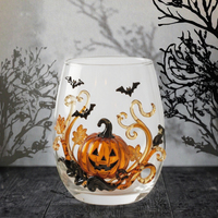 Verre à vin sans pied Halloween, motif citrouille Jack O'Lantern et chauve-souris, en verre transparent, pour fêtes d'automne, cadeau
