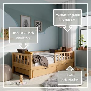 Children's <strong>Bed</strong> with Fall Protection Natural - Toddler Youth <strong>Bed</strong> Solid Wood <strong>Pine</strong> <strong>Bed</strong> <strong>Frame</strong> with Slatted <strong>Frame</strong> - Product Image 4