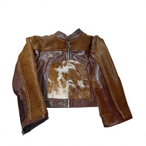 Brown Genuine Leather Bomber Jacket With Cowhide <b>Fur</b> Lining Full Sleeve Zipper Closure Winter Short Style - Product Image 1