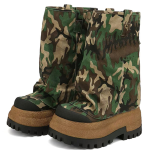 Women Thick Platform Half Knee Boots Fur Overlay Upper Mid-calf <b>Booties</b> Round Toe on Suede Camouflage Flat Shoes - Product Image 5