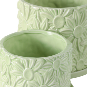 Vaso Decorativo a Forma di Margherita in Ceramica Verde per Piante da Interno ed Esterno con Sottovaso, Set di Due - Product Image 6