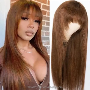 Perruques brésiliennes Remy en cheveux humains lisses et soyeux de 24 pouces avec frange intégrale cousue à la machine, sans colle et couleur naturelle - Product Image 5