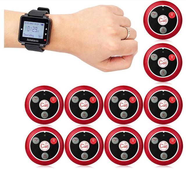 Wireless Wrist Watch Pager Waiter Calling System Restaurant 1 Watch Receiver 10 Buttons for Cafe Clinic Dentist Retekess T128
