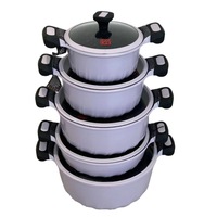 UCC LIFE Batterie de cuisine antiadhésive en aluminium moulé sous pression, style classique, ensemble de 10 pièces, double fond, poignée en silicone, couvercle en verre, compatible gaz