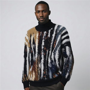 Pull en mohair à col roulé pour homme, motif <span class=keywords><strong>zèbre</strong></span>, tricoté duveteux, pull ample et chaud pour l'hiver, tricot épais à manches longues - Product Image 1