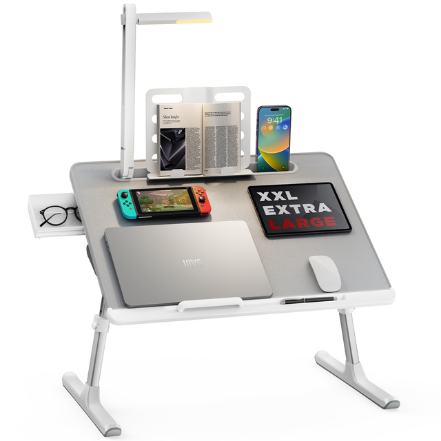 New Quality Folding Laptop Desk with Led Lamp Adjustable Plus Size Gray Lap Desk with Drawer Tablet Stand for Home Office Study