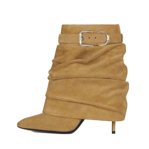 Botines de tacón de aguja de gamuza para mujer, con hebilla y parte superior plisada, estilo plegable - Product Image 6