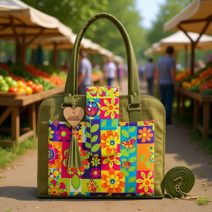 Sac de shopping en jute vert olive pour femme Fana Elsa, grand motif floral, double poignée supérieure, fermeture à fermoir, usage adulte - Product Image 2