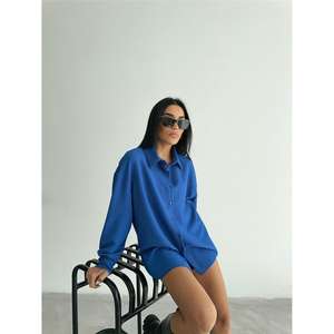 Camisa Otomana Saks para Mujer, Tejida, Asimétrica, con Botones, Estilo Minimalista para el Día a Día, Azul - Product Image 2