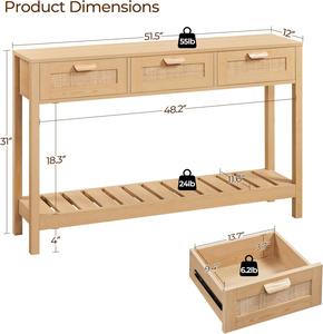 <span class=keywords><strong>Table</strong></span> <span class=keywords><strong>console</strong></span> en bois naturel personnalisée de style Boho moderne avec 3 tiroirs en rotin et étagère à 2 niveaux pour villa, salon et hôtel - Product Image 4