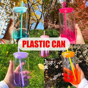 Ready to Ship 50pcs Reusable <b>Clear</b> Gradient Colored Beer Acrylic Can Custom 16oz Ombre <b>Jelly</b> Plastic Cups with Lids and Straws - Product Image 2