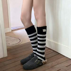 Women's Calf <b>Socks</b> Black Gray Stripes Fleece Lined Thermo Lounge <b>Socks</b> Autumn <b>Winter</b> Warm Sleep <b>Socks</b> - Product Image 1