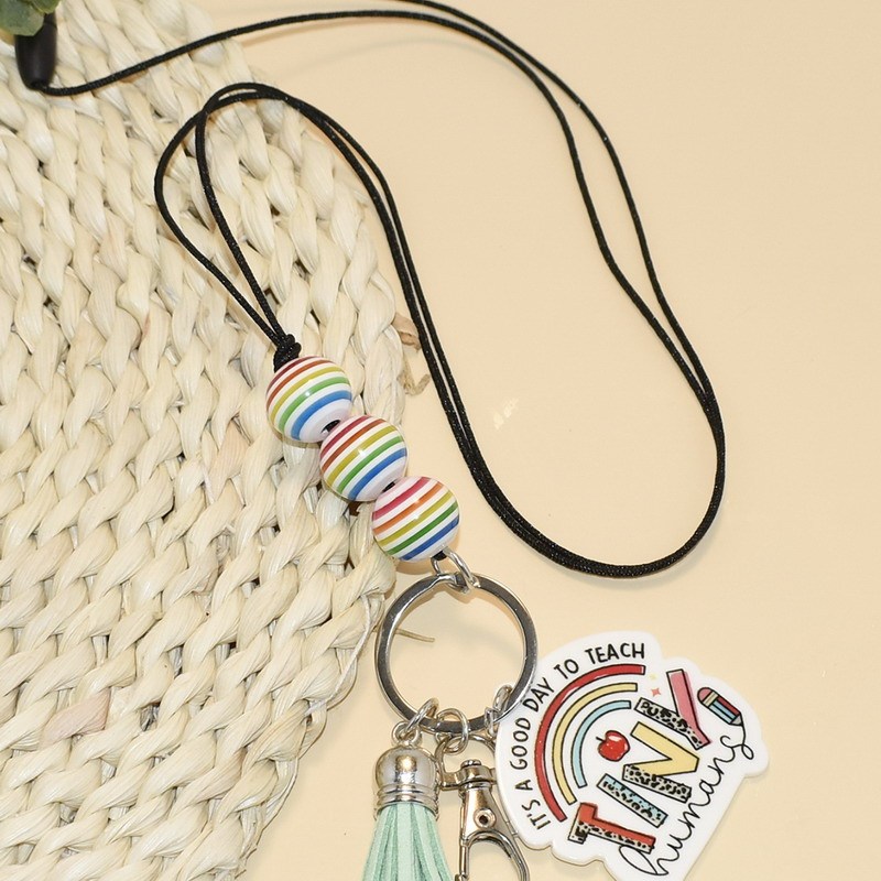 2025 Cute Style Silicone Rainbow Beads Lanyard Keychain Mixed Colors Acrylic Notebook Apple Book Pencil Holder