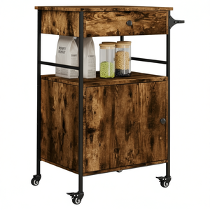 Smoked Oak Engineered Wood <b>Kitchen</b> Trolley 22x16.9x35.2 With Wheels 1 Drawer 2 <b>Shelves</b> Modern Design - Product Image 1