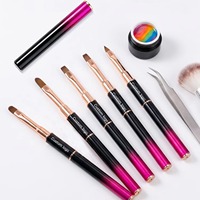 Lot de 5 pinceaux à ongles double embout 2-en-1, poils en nylon, pinceaux plats et ovales pour gel de construction avec capuchon, manche or rose, logo personnalisé