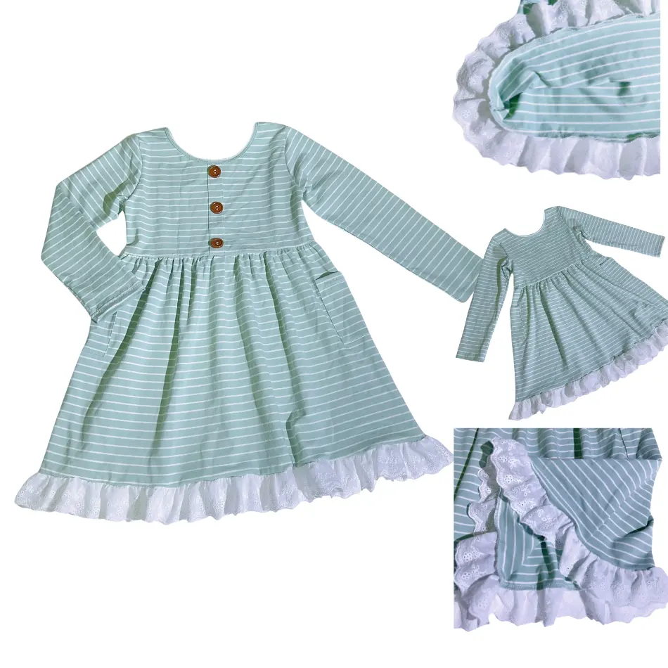 Vestido de menina de bebê de algodão orgânico listrado para crianças, roupas infantis de manga comprida para dançar primavera, atacado