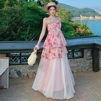 Ensemble deux pièces sexy et mignon pour femme, rose floral, avec haut à bretelles en dentelle et jupe mi-longue, idéal pour les vacances à la plage, collection été-automne