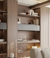Étagère bibliothèque moderne sur mesure, bois foncé, étagères ouvertes, éclairage LED dissimulé, meuble pour salon