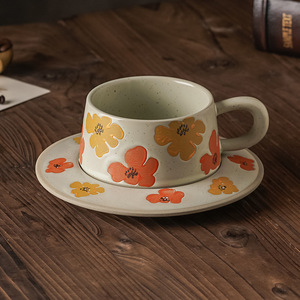 Flower Pattern Ceramic Coffee <b>Cup</b> And Saucer <b>Set</b> 250ml Durable Retro Style For Tea Or Coffee - Product Image 1