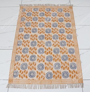 <b>Boho</b> Dhurrie Cotton <b>Rug</b> Handmade Block Print Carpet with Tassels Floor <b>Rug</b> Home Decor - Product Image 3