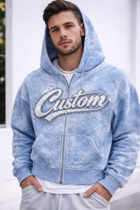 Sudadera con capucha y cremallera XINGE personalizada con logo de diamantes de imitación para hombre, 500 g/m² de algodón, con hombros caídos y pedrería, sudaderas para hombre - Product Image 2