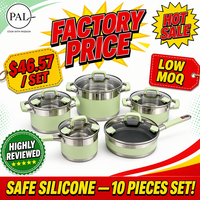 Ensemble de casseroles classiques en acier inoxydable 5 pièces Revêtement céramique antiadhésif Couvercle en verre Fond plat Multifonctionnel pour la cuisine à domicile