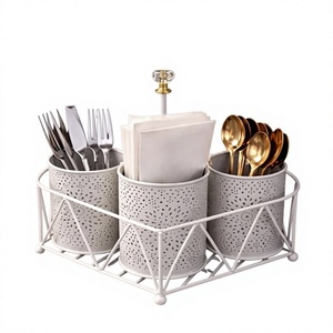 Support de Rangement Métallique pour Ustensiles de Cuisine avec 3 Pots Cylindriques pour Baguettes et Cuillères, Étagère Blanche en Fil Métallique, Type Autoportant - Product Image 1