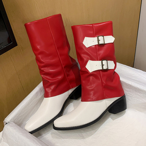 Women Bow Buckles Mid Calf Mixed Colors Booties Pointy Toe Medium Square Heels Short <b>Boots</b> Overlay Patchwork Shoes - Product Image 5