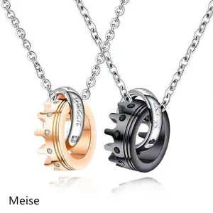 Yiwu Meise Stainless Steel Circle Crown Couple Pendant Necklace His Queen Her King Crown Necklace for Valentines Gift