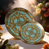 Assiettes en Porcelaine Fine de Luxe à Motif Baroque Turquoise Doré – Vaisselle en Céramique pour Mariages, Restaurants et Décoration Intérieure – Vente en Gros