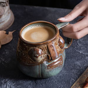 แก้วเซรามิคลายโบราณพร้อมหูจับสีบรอนซ์ แก้วเดี่ยวสำหรับใช้ในบ้าน - Product Image 4