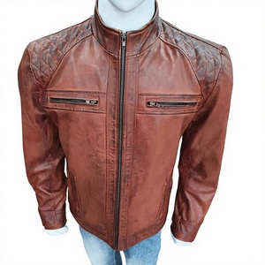 Nabtay Sports NS-322F <b>Men's</b> Waterproof Distressed Cognac Brown Genuine <b>Leather</b> Biker <b>Jacket</b> Diamond Quilted Design Stand Collar - Product Image 3