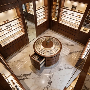Ensemble de présentoirs de luxe en bois foncé massif pour magasin d'optique avec éclairage LED, table centrale ronde et vitrines incurvées pour centres commerciaux - Product Image 2