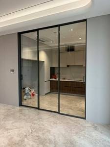 Porte coulissante innovante à vitrage synchrone à 3 voies, cadre <span class=keywords><strong>intérieur</strong></span> <span class=keywords><strong>en</strong></span> aluminium, <span class=keywords><strong>cloison</strong></span> de <span class=keywords><strong>verre</strong></span> mobile pour maisons de cuisine - Product Image 5
