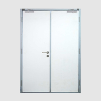 Porte coulissante électrique anti-effraction en acier ignifuge à usage hospitalier avec écran en fibre de verre imperméable et mécanisme d'ouverture manuel.