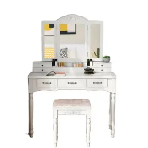 Tocador de escritorio para maquillaje, juego de mesa con taburete acolchado, espejo tri-plegable plegable, 7 cajones