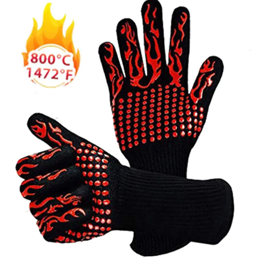 Gants de barbecue en aramide avec logo personnalisé, résistance extrême à la chaleur, 800 degrés, mitaines de four imprimées en noir pour l'extérieur, grillades de cuisine