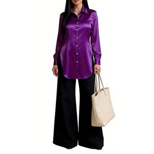 Women's Satin Longline Shirt Lapel Collar Button-Up Side Slit Blouse Casual Formal <b>Top</b> Fashion - Product Image 2