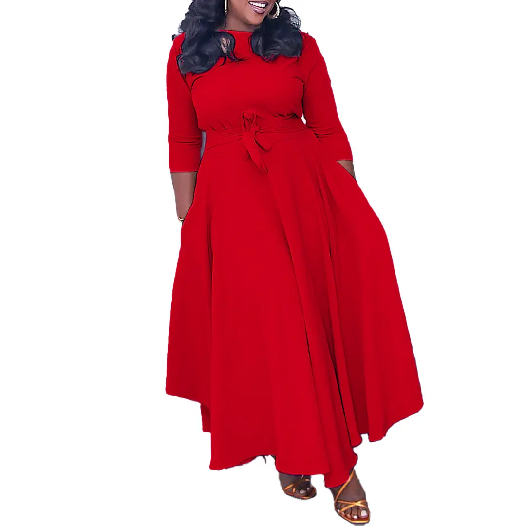 New Fashion Solid Color Long Sleeve Office Belted Maxi Party Dress Women's Elegant Casual Maxi Dresses