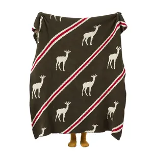 ASK selimut hangat lembut rusa besar bergaris jacquard 100% poliester deerlet natal rajutan selimut lempar untuk istirahat tidur