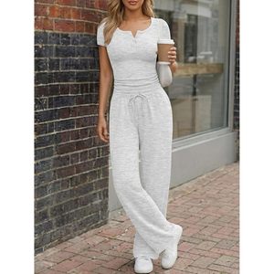 Ensemble Lounge 2 Pièces Femme : Crop Top Manches Courtes et Pantalon Large – Tenue Décontractée d'Été Respirante en Maille Assortie - Product Image 5