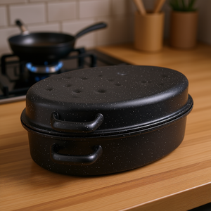 Oval Goose Roaster 7.5 L 38 Cm Enamelled Black White Speckled Roasting <b>Pan</b> - Product Image 3