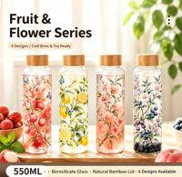 Fruitprint glazen waterfles met bamboe deksel, helder borosilicaatglas, groothandel