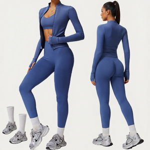 <b>Women</b> Solid Yoga Set High Waist <b>Leggings</b> <b>Crop</b> Top Seamless Spandex Polyester 2 Piece Workout Wear Quarter Zip Full Length - Product Image 1