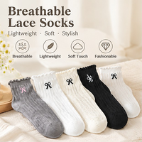 Chaussettes courtes en dentelle pour femmes, respirantes, en maille tricotée, avec broderie de nœud, bord à volants, légères, décontractées, pour l'été