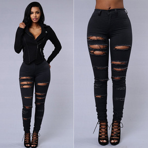 New Style Fashionable Women's <b>Jeans</b> Stretch Solid Color Ripped Skinny Pencil Pants Summer Pants Thin Mid-rise Pants - Product Image 6
