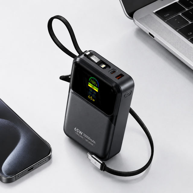 Built In Dual Charging Cables 20000mAh Power Bank 45W 65W USB C PD Fast Charging Multi Device Portable Charger