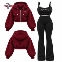 Ensemble de survêtement 3 pièces pour femme : sweat à capuche court zippé, haut décontracté dos nu et pantalon évasé taille haute – Tenue de yoga personnalisable avec logo, style streetwear