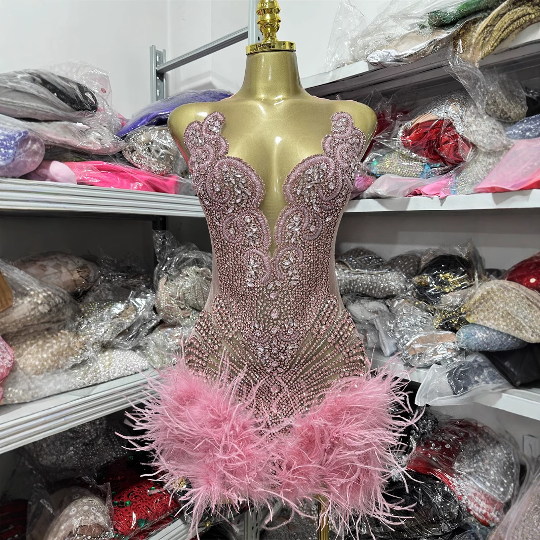 Pink Feather Dress - Floor Length Elegant Women's Wear