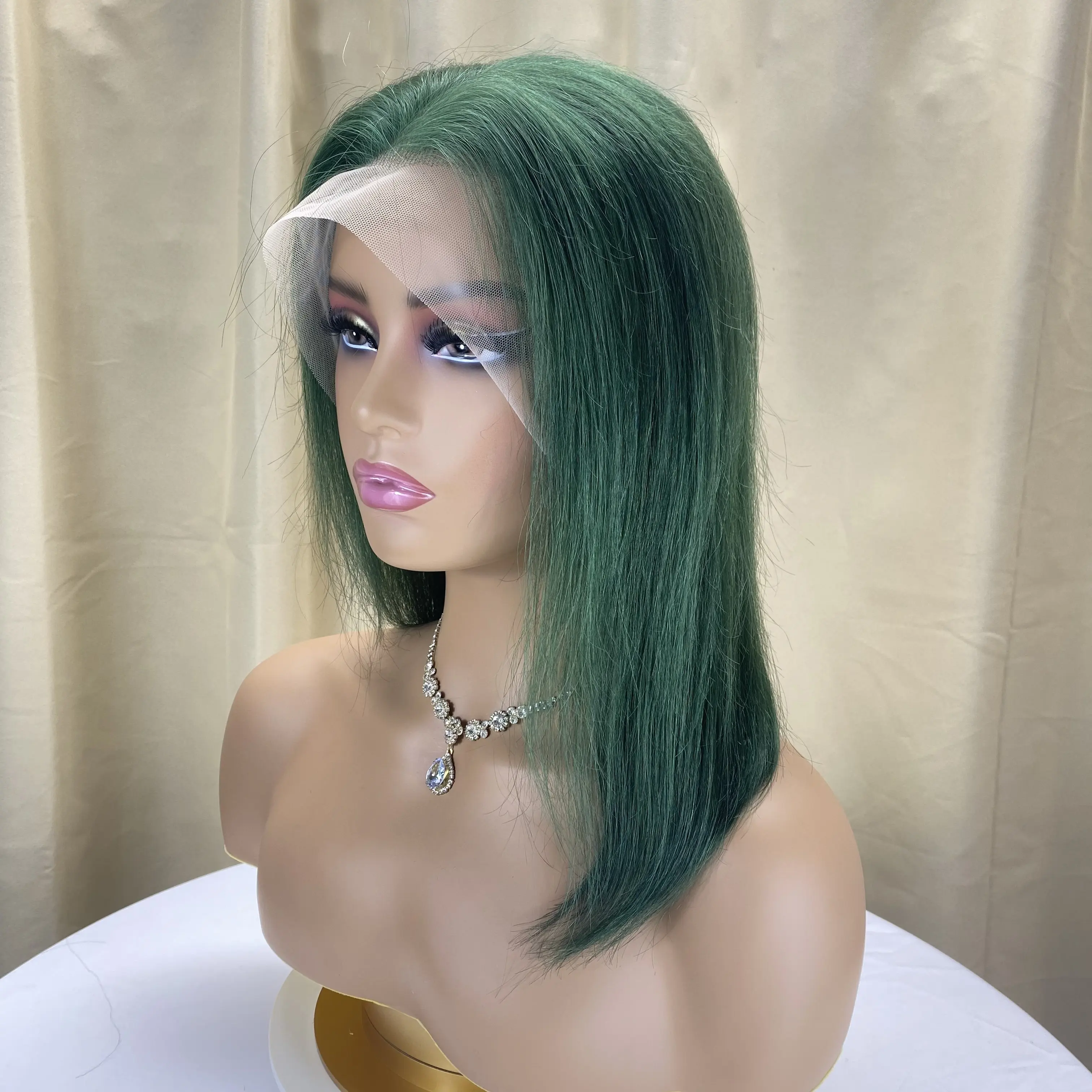 Wig Bob hijau tua 13x4 Wig Frontal renda transparan lurus rambut Virgin Brasil Wig Bob pendek untuk wanita hitam